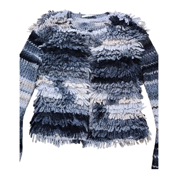 Trina Turk textured shaggy crochet knit striped cardigan in neutral tones - Picture 2 of 10